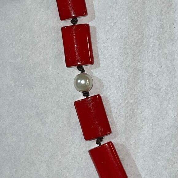 Vintage Knotted Pearl Bead Necklace Women’s Red And White Retrocore Bohemian - Picture 3 of 8